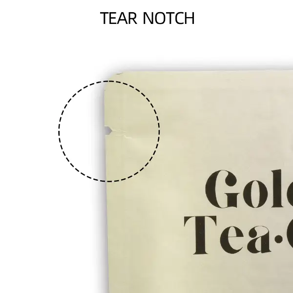 Tear notch detail on custom printed drip coffee pouch