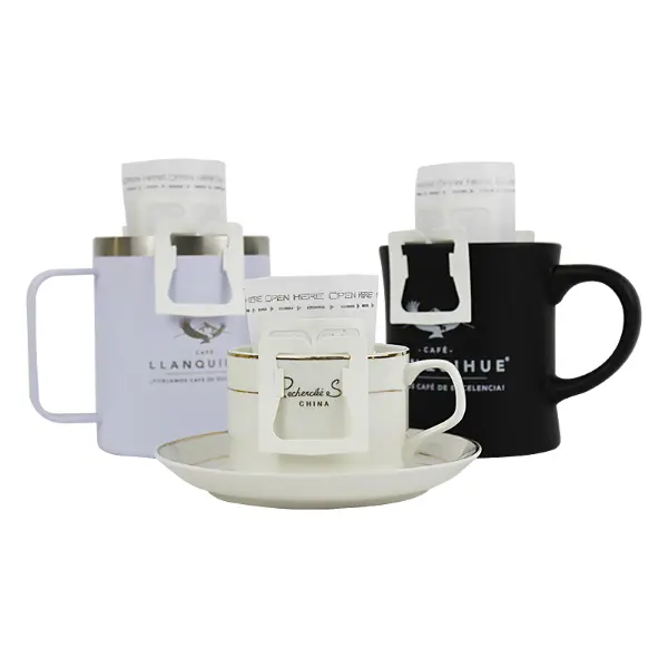 Drip coffee filter hanging on various mugs