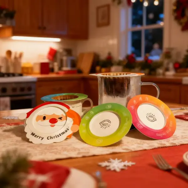 Colorful Christmas UFO drip filter bags displayed on table