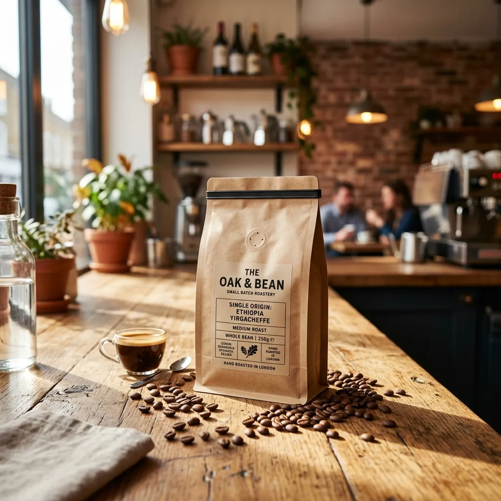 واحد Coffee_pouch_on_wooden_countertop