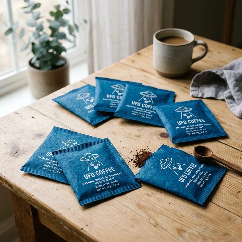UFO_coffee_sachet_papers_on الطاولة